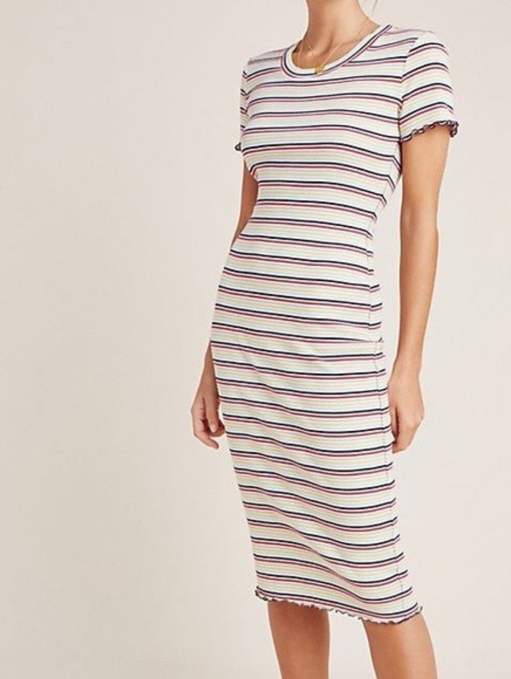 Anthropologie Sundry Striped Lettuce Hem Casual Midi Tee Dress Size 1 (Small)
